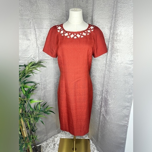 NWT KASPER A.S.L Red-Orange Cutout Neck Short Sleeve Sheath Midi Dress Sz 10 - Picture 1 of 10
